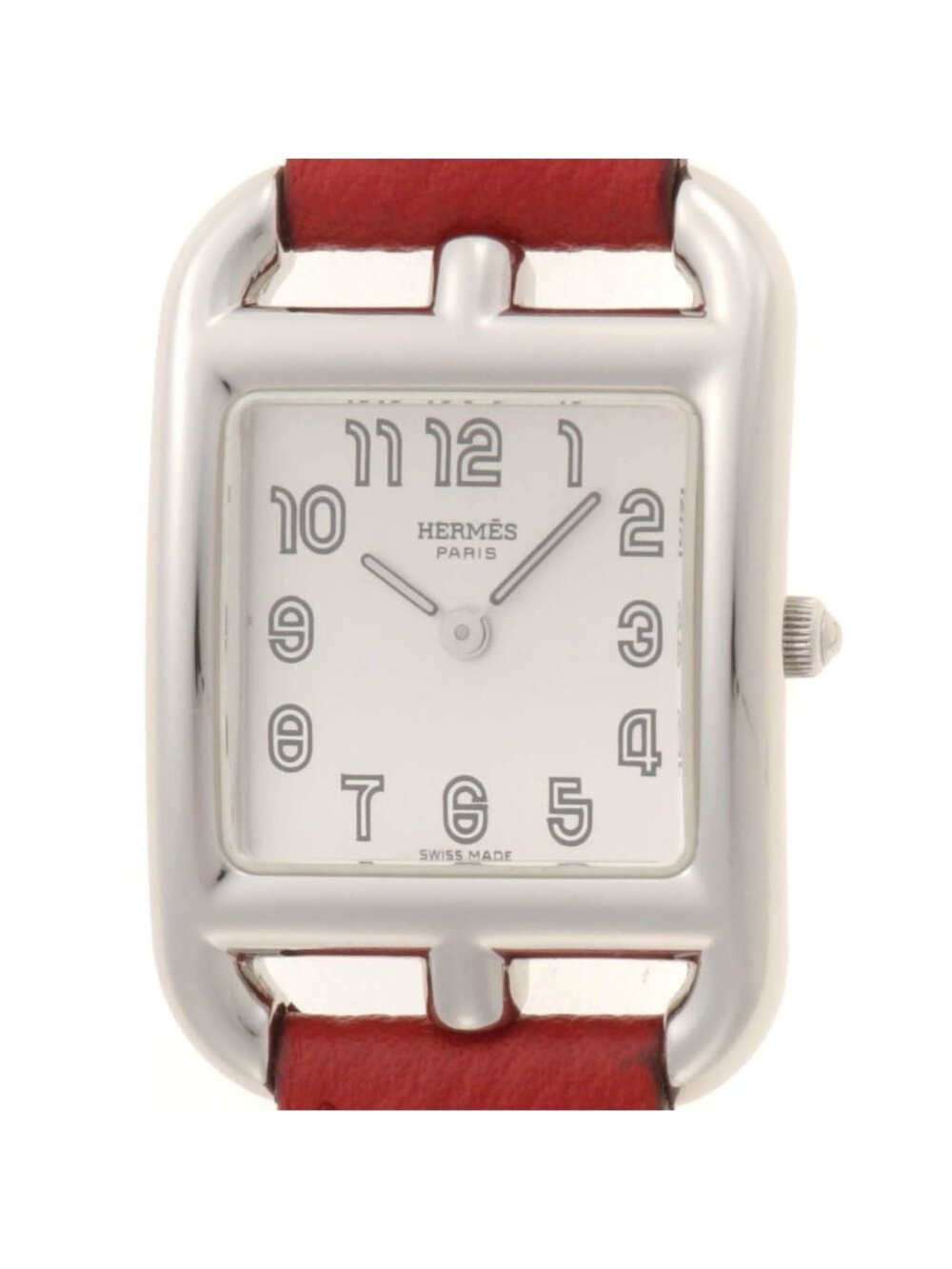 Hermes Cape Cod Watch SS Stainless Steel Leather Strap Silver Arabic Dial Quartz